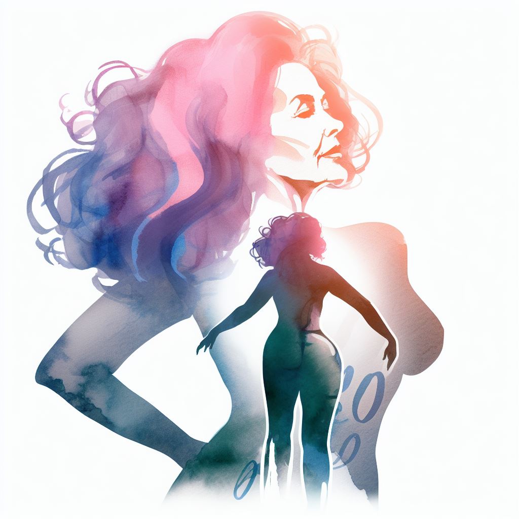 60 year old woman body silhouette. self-esteem. watercolor,curly hair